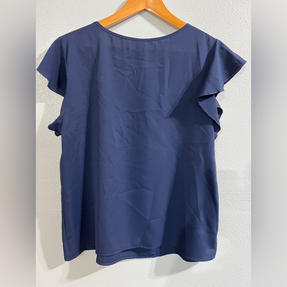 Emery Rose Navy Blouse with Pleated Front winged sleeve L - Picture 3 of 3
